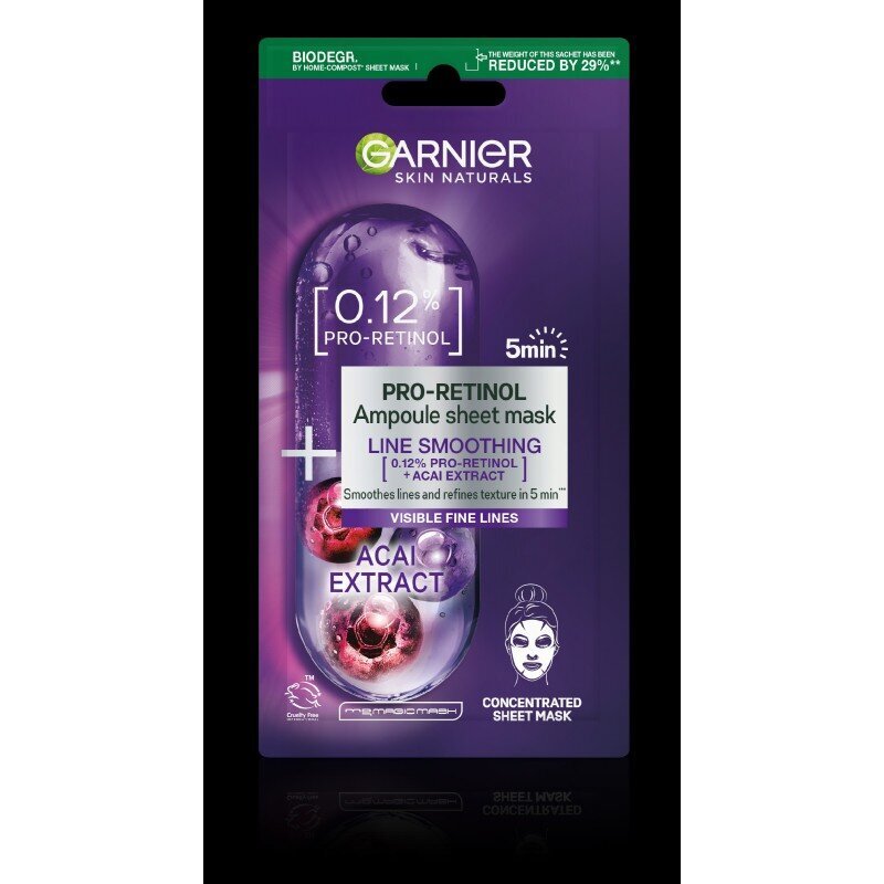 Garnier Skin Naturals Pro-Retinol ampullikangasnaamio, 19 g hinta ja tiedot | Kasvonaamiot ja silmänalusaamiot | hobbyhall.fi