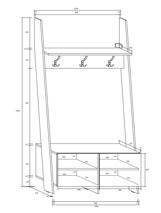 Meblocross Rack -eteiskaappi, 100 x 196 x 39 cm, tumma tammi / valkoinen hinta ja tiedot | Naulakot | hobbyhall.fi