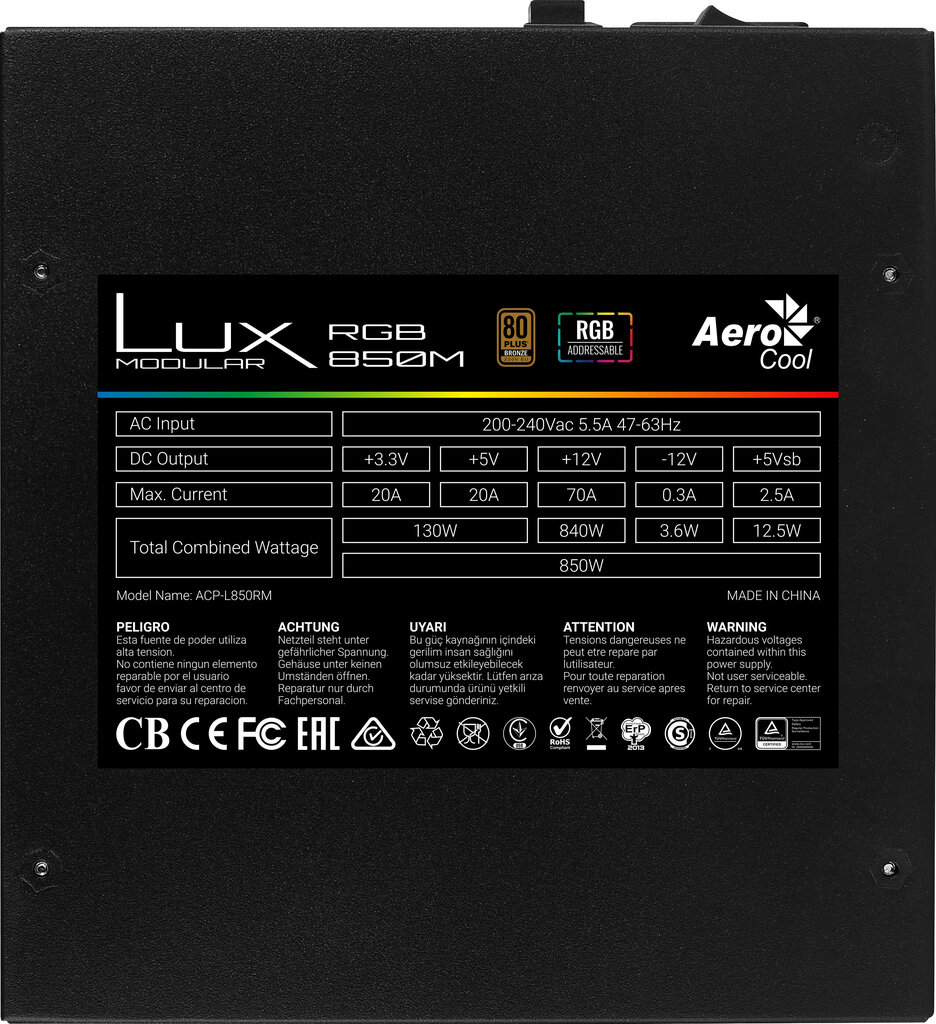 Aerocool Lux RGB 850M 80PLUS hinta ja tiedot | Virtalähteet | hobbyhall.fi