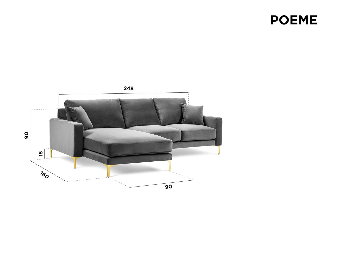 Kooko Home Poeme -kulmasohva, 248 x 160 x 90 cm, tummanharmaa hinta ja tiedot | Kulmasohvat ja divaanisohvat | hobbyhall.fi