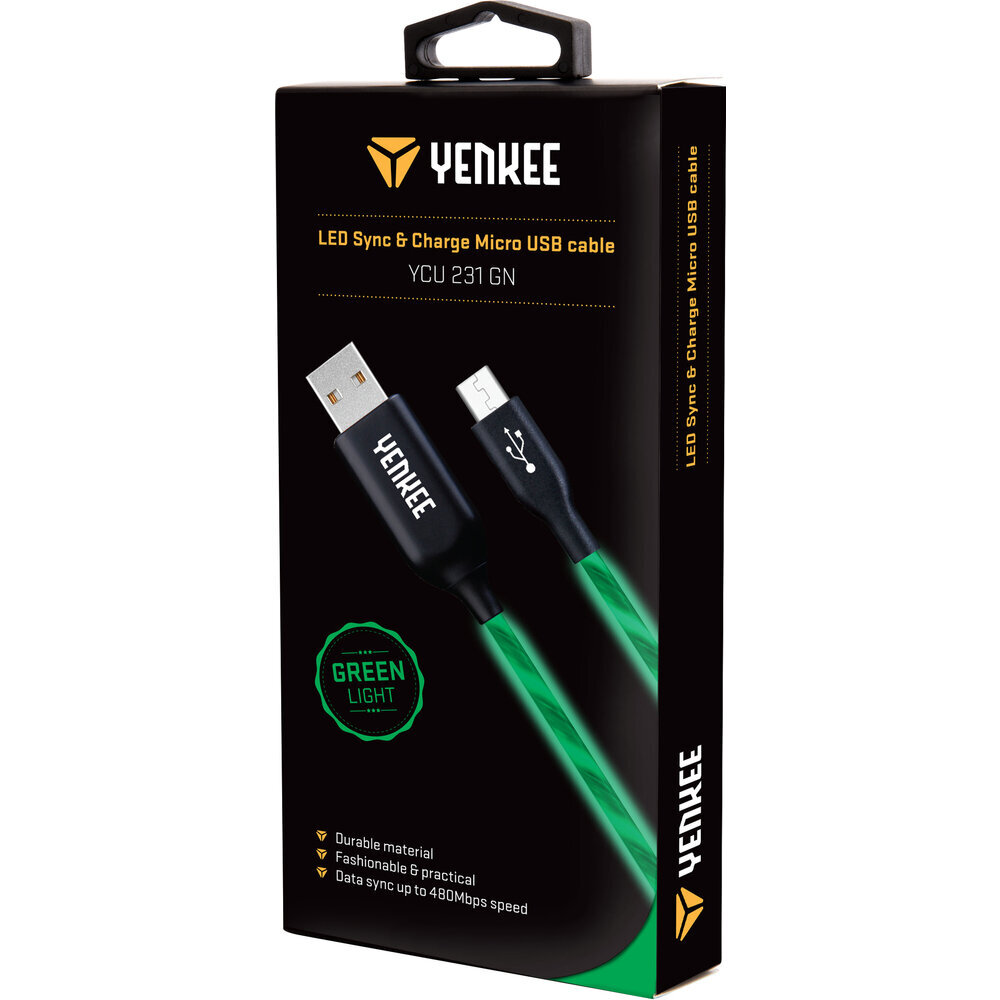 YENKEE, 2.0 USB A - micro USB (USB B), 480 Mbps, 5V/2.1A, 1m, valaistu (LED) kaapeli, vihreä hinta ja tiedot | Puhelinkaapelit | hobbyhall.fi