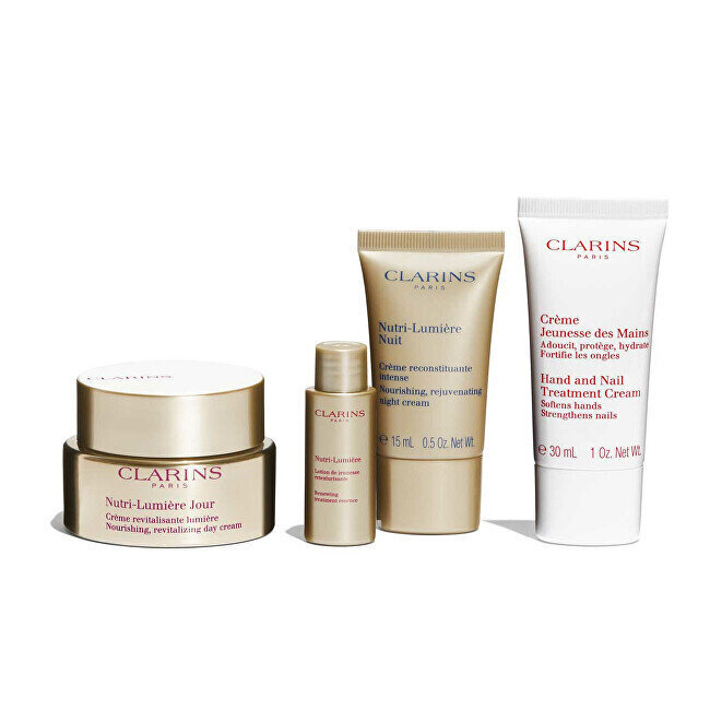 Kasvojen ihonhoitosetti Clarins Nutri-Lumière: päivävoide, 50 ml + yövoide, 15 ml + kasvoemulsio, 10 ml + käsien ja kynsien hoitovoide, 30 ml + kosmetiikkapussi hinta ja tiedot | Kasvovoiteet | hobbyhall.fi