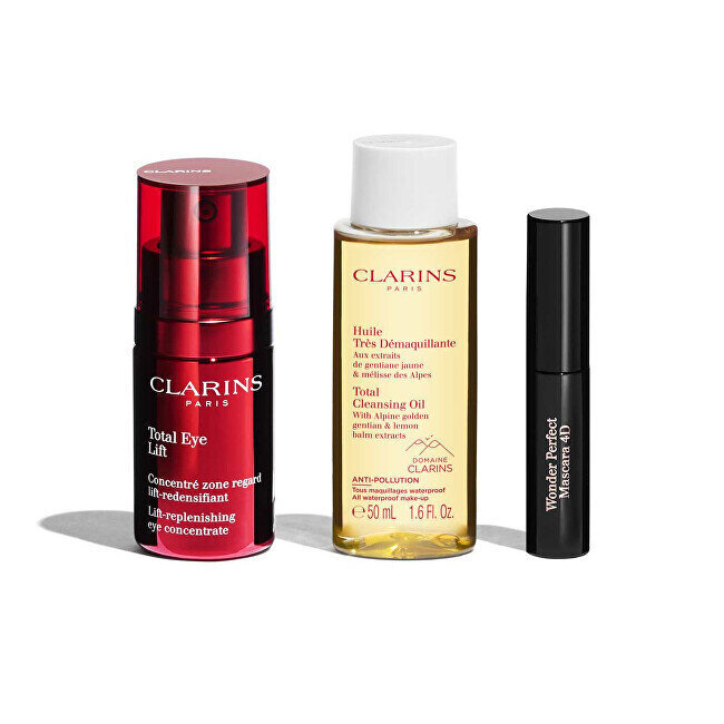 Clarins Clarins Total Eye Lift -kasvojen ihonhoitosarja: Silmänympärysvoide, 15 ml + puhdistusöljy, 50 ml + ripsiväri, 3 ml + kosmetiikkapussi hinta ja tiedot | Silmänympärysvoiteet ja seerumit | hobbyhall.fi
