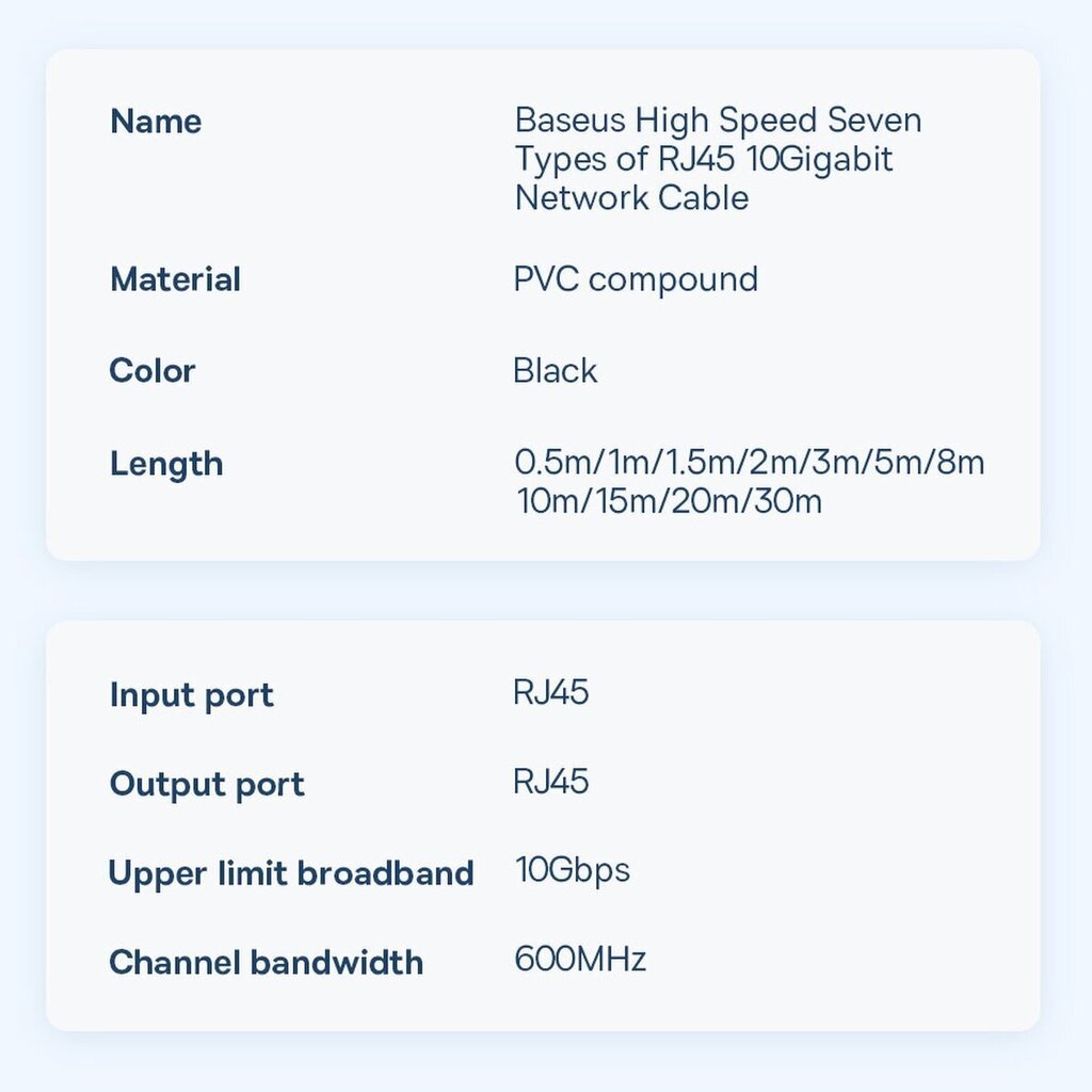 Baseus RJ45 10Gbps 20m (WKJS010901) hinta ja tiedot | Kaapelit ja adapterit | hobbyhall.fi