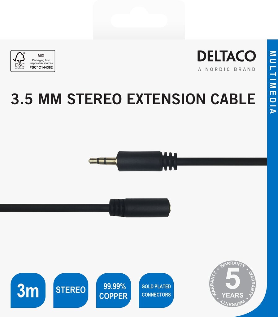 Deltaco MM-161-K, 3.5 mm, 3 m hinta ja tiedot | Kaapelit ja adapterit | hobbyhall.fi