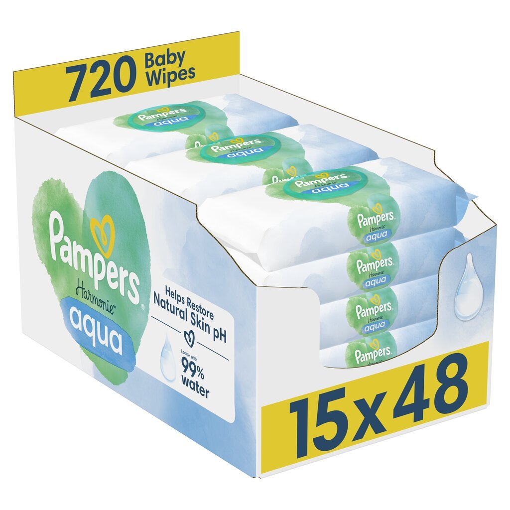 Pampers Harmonie Aqua Puhdistuspyyhe 15 pakkausta 720 puhdistuspyyhettä hinta ja tiedot | Vauvojen kosteuspyyhkeet | hobbyhall.fi