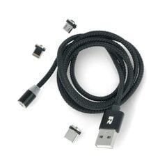 Magneettinen USB-kaapeli 3in1 microUSB, USB C-tyyppi, Lightning 100 cm, musta hinta ja tiedot | Rebel Kodinkoneet ja kodinelektroniikka | hobbyhall.fi