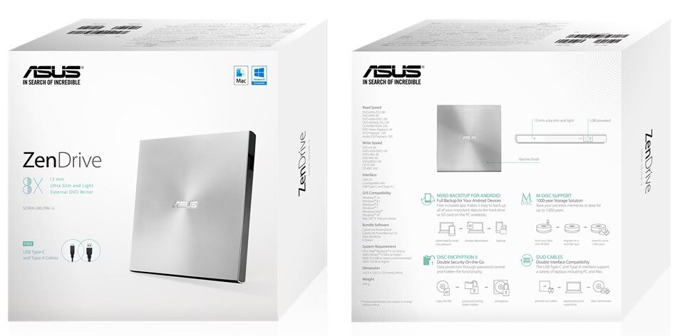 Asus ZenDrive U9M ulkoinen DVD+/-RW asema 90DD02A2-M29000 hinta ja tiedot | Levyasemat | hobbyhall.fi