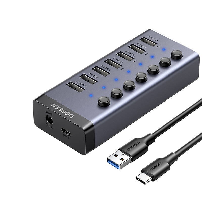 UGREEN Hub 7in1 USB-C, 7x USB-A 3.0 12V 2A (musta) hinta ja tiedot | Adapterit | hobbyhall.fi