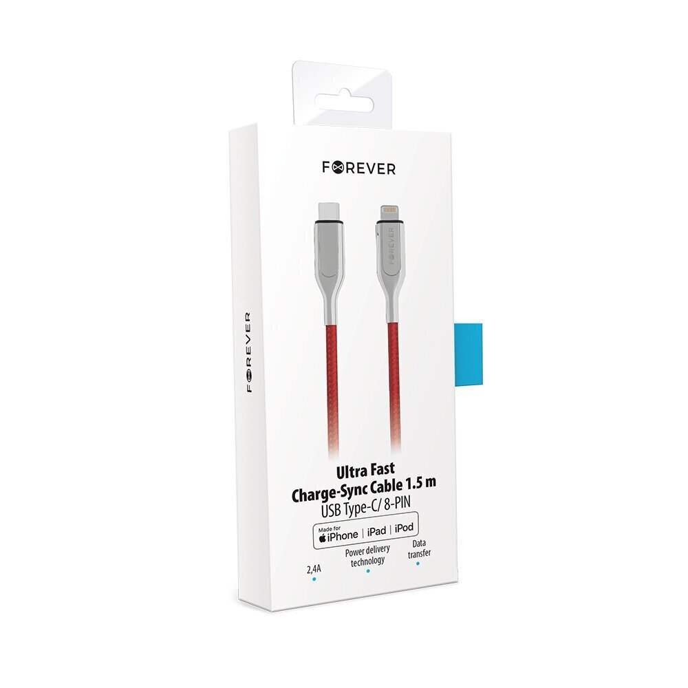 Forever Core Utra Fast MFI PD -kaapeli USB-C - Lightning 1,5 m 2,4 A punainen hinta ja tiedot | Puhelinkaapelit | hobbyhall.fi