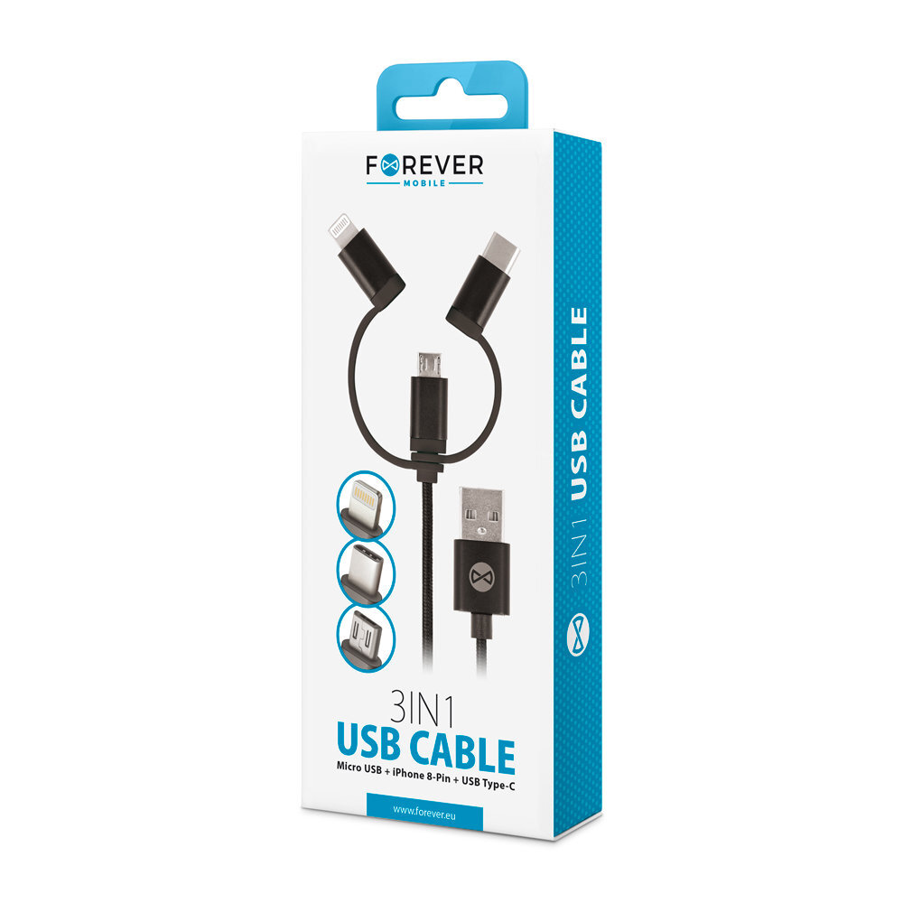 Forever 3in1, USB C, Lightning, USB Micro A, 1 m hinta ja tiedot | Puhelinkaapelit | hobbyhall.fi