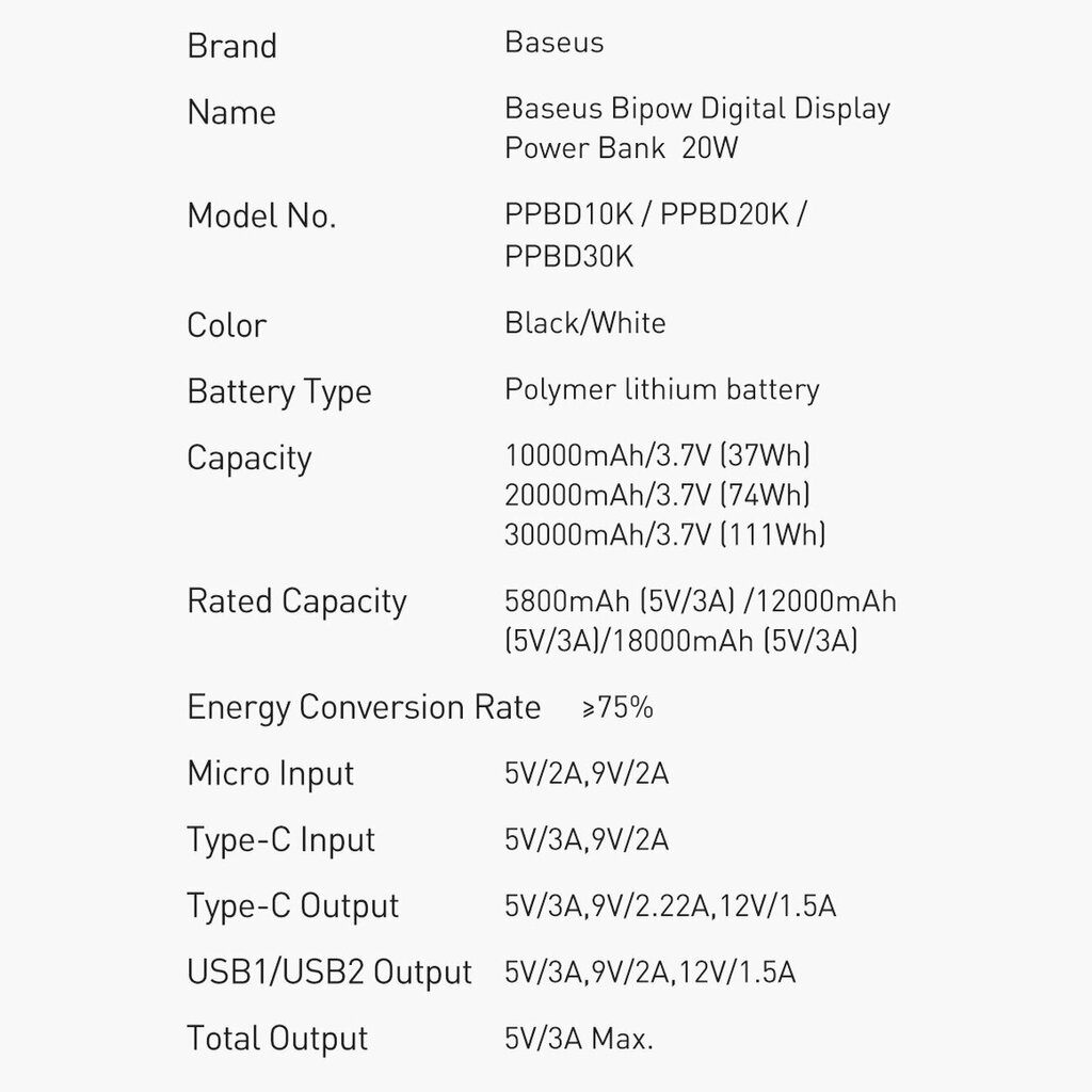 Baseus Bipow 30000mAh 20W + USB-A - Micro USB 0.25m PPBD050402 hinta ja tiedot | Varavirtalähteet | hobbyhall.fi