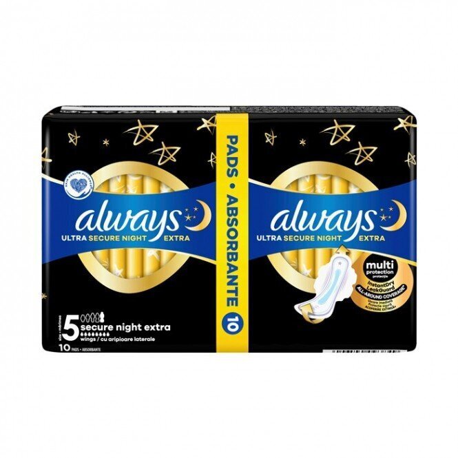 Terveyssiteet Always Ultra Secure Night Extra, 5 kpl x 2 pkt hinta ja tiedot | Tamponit ja terveyssiteet | hobbyhall.fi