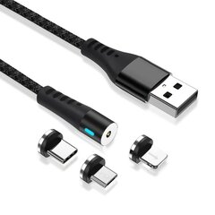 Maxlife MXUC-02 magneettikaapeli USB - Lightning + USB-C + microUSB 1,0 m 2A, musta nylon hinta ja tiedot | Puhelinkaapelit | hobbyhall.fi