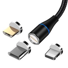 Maxlife MXUC-03 magneettikaapeli USB - Lightning + USB-C + microUSB 1,0 m 3A, musta nylon hinta ja tiedot | Maxlife Puhelimet, älylaitteet ja kamerat | hobbyhall.fi