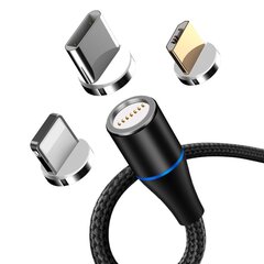 Maxlife MXUC-03 magneettikaapeli USB - Lightning + USB-C + microUSB 1,0 m 3A, musta nylon hinta ja tiedot | Puhelinkaapelit | hobbyhall.fi