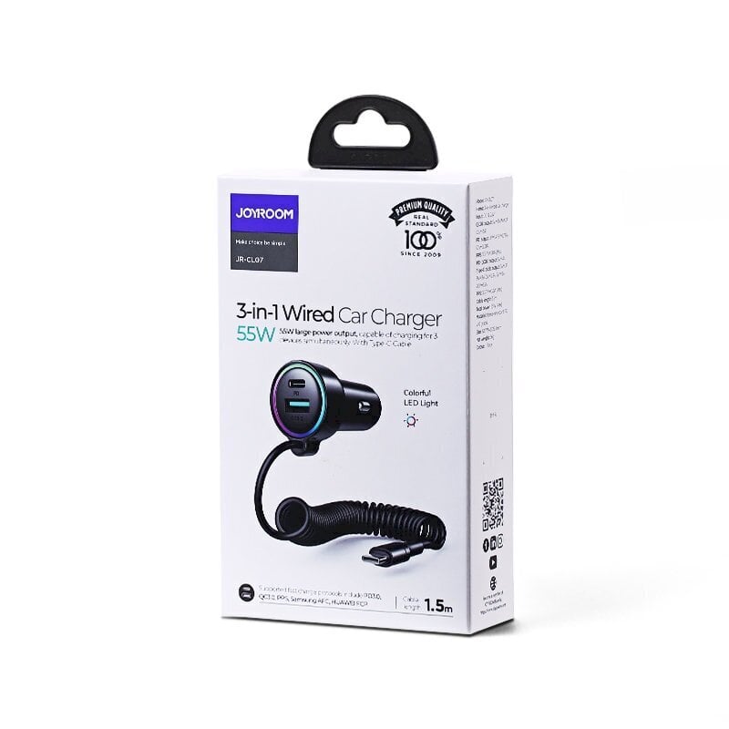 Joyroom nopea autolaturi 3 in 1 USB Type C -kaapelilla 1,5 m 55 W musta (JR-CL07) hinta ja tiedot | Puhelimen laturit | hobbyhall.fi