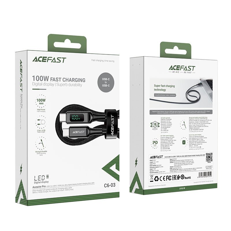 Acefast cable USB Type C - USB Type C 2m, 100W (20V / 5A) black (C6-03 Black) hinta ja tiedot | Puhelinkaapelit | hobbyhall.fi