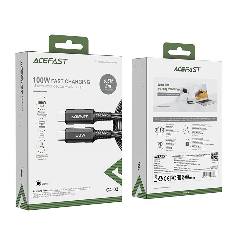 Acefast kaapeli USB Type C - USB Type C 2m, 100W (20V / 5A) musta (C4-03 Musta) hinta ja tiedot | Puhelinkaapelit | hobbyhall.fi