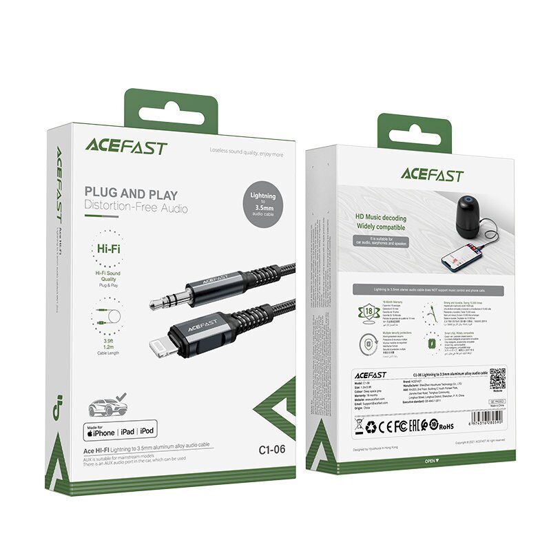 Acefast äänikaapeli MFI Lightning - 3.5mm miniliitin (shakki) 1.2m, AUX harmaa (C1-06 syvä harmaa) hinta ja tiedot | Puhelinkaapelit | hobbyhall.fi