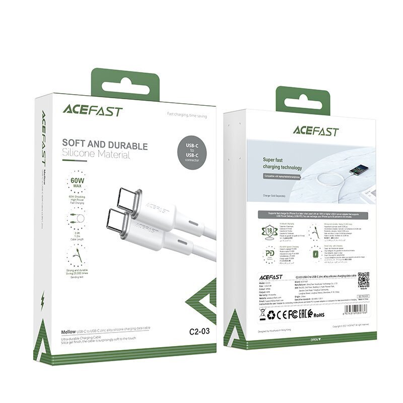 Acefast kaapeli USB Type C - USB Type C 1.2m, 60W (20V / 3A) valkoinen (C2-03 valkoinen) hinta ja tiedot | Puhelinkaapelit | hobbyhall.fi
