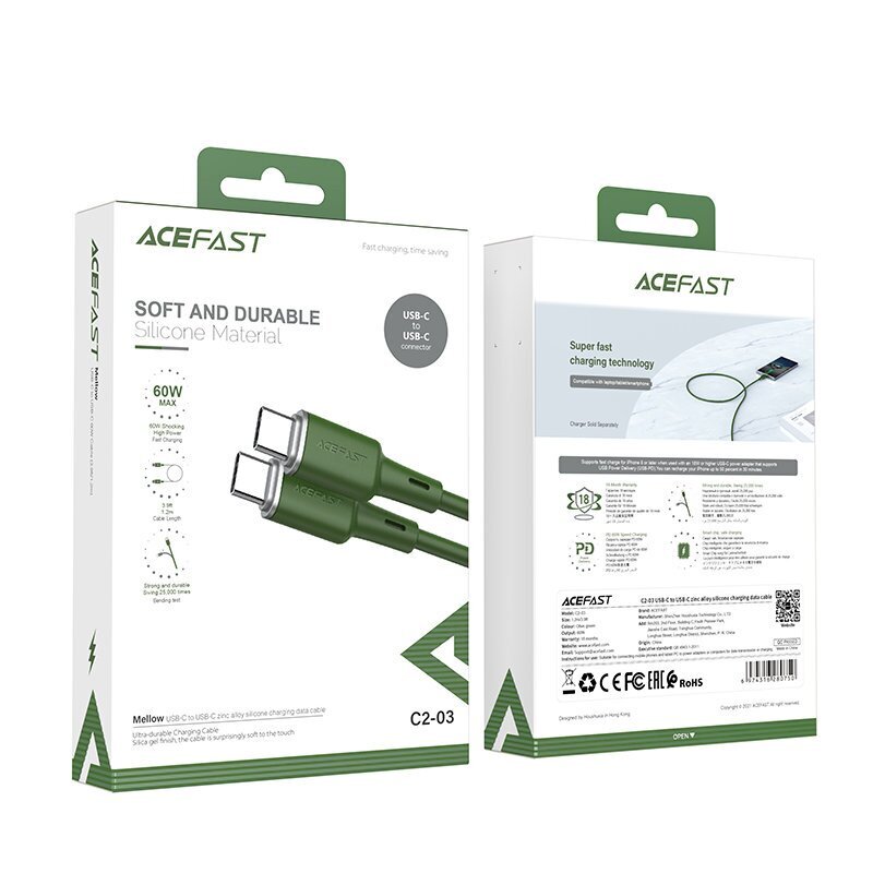Acefast-kaapeli USB tyyppi C - USB Type C 1.2m, 60W (20V / 3A) vihreä (C2-03 vihreä) hinta ja tiedot | Puhelinkaapelit | hobbyhall.fi
