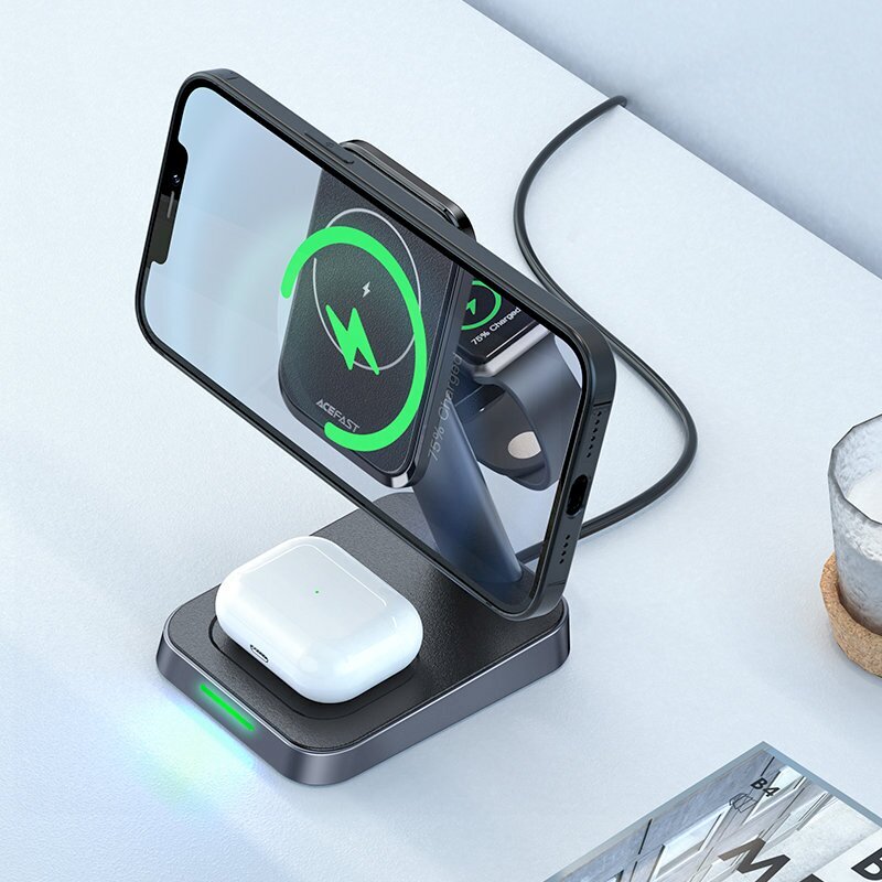 Acefast Qi Wireless Charger 15W for iPhone (with MagSafe), Apple Watch and Apple AirPods Stand Holder Magnetic Holder Black (E3 black) hinta ja tiedot | Puhelimen laturit | hobbyhall.fi