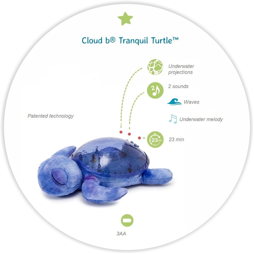 Yövalo valoprojektiolla ja melodioilla Turtle violetti Tranquil Turtle Aqua Ocean, Cloud B 008434 hinta ja tiedot | Vauvan lelut | hobbyhall.fi