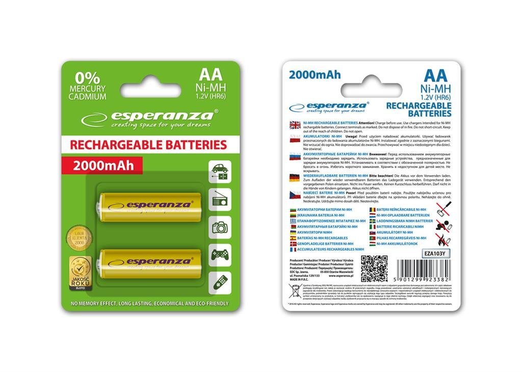 Ladattavat AA-paristot Esperanza, 2000mAh, keltainen hinta ja tiedot | Paristot | hobbyhall.fi