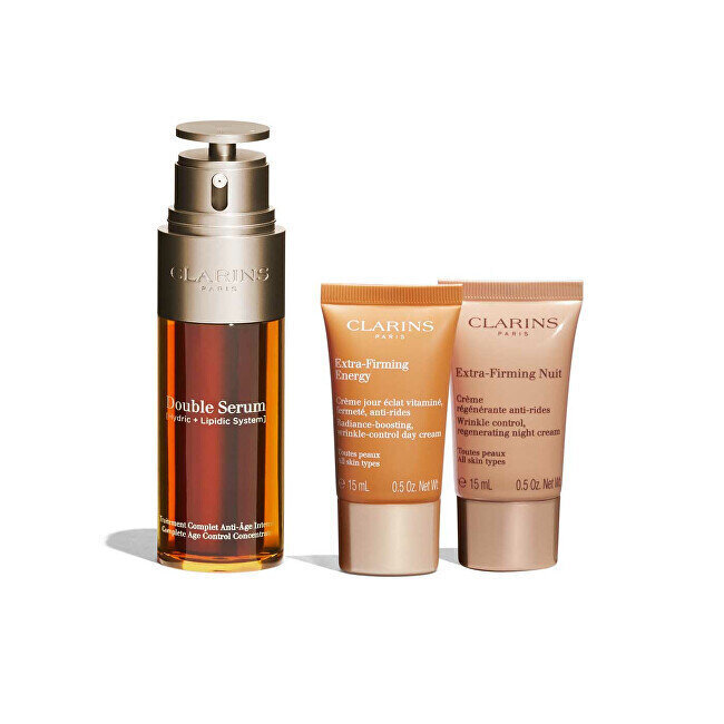 Clarins kasvojen ihonhoitosarja: Double Serum -tiiviste, 20 ml + Extra-Firming päivävoide kaikille ihotyypeille, 15 ml + Extra-Firming yövoide, 15 ml + kosmetiikkapussi hinta ja tiedot | Kasvovoiteet | hobbyhall.fi