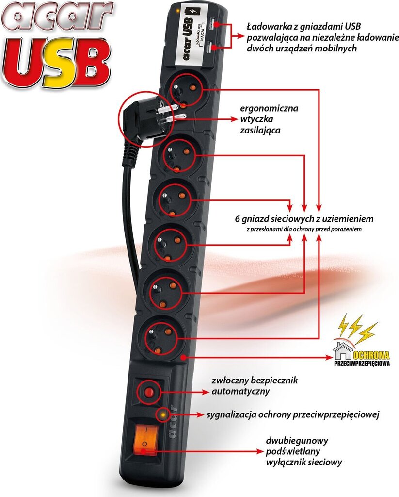 Jatkopistorasia Acar USB 6 hinta ja tiedot | Jatkojohdot ja kaapelikelat | hobbyhall.fi