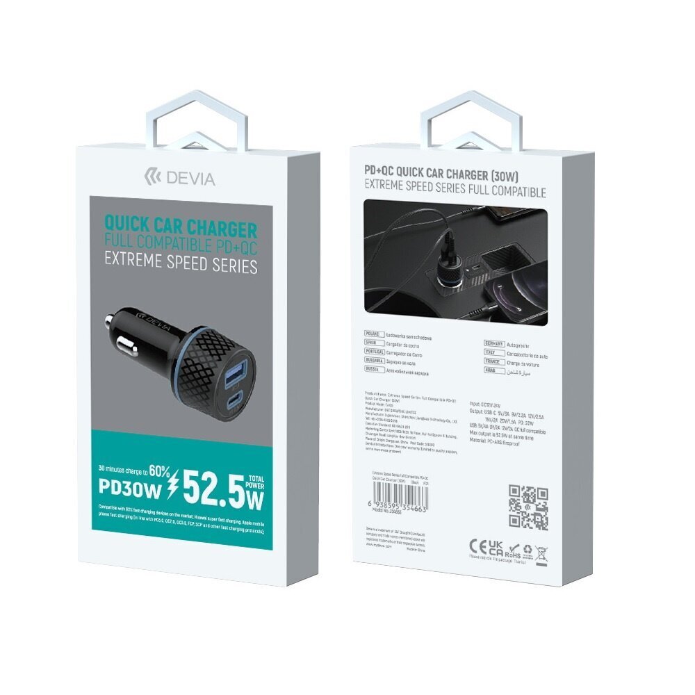 Devia autolaturi Extreme PD QC 3.0 52,5W 1x USB-C 1x USB musta hinta ja tiedot | Puhelimen laturit | hobbyhall.fi