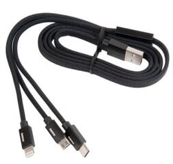 Remax Kerolla RC-094. litteä USB micro USB / lightning/ USB-C-kaapeli kangaspunoksella 2.4A 1M. musta hinta ja tiedot | Puhelinkaapelit | hobbyhall.fi