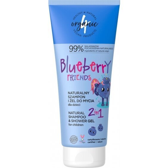 Shampoo ja pesugeeli lapsille 2in1 Blueberry Friends 4orgaaninen, 200ml hinta ja tiedot | Lasten ja äitiysajan kosmetiikka | hobbyhall.fi