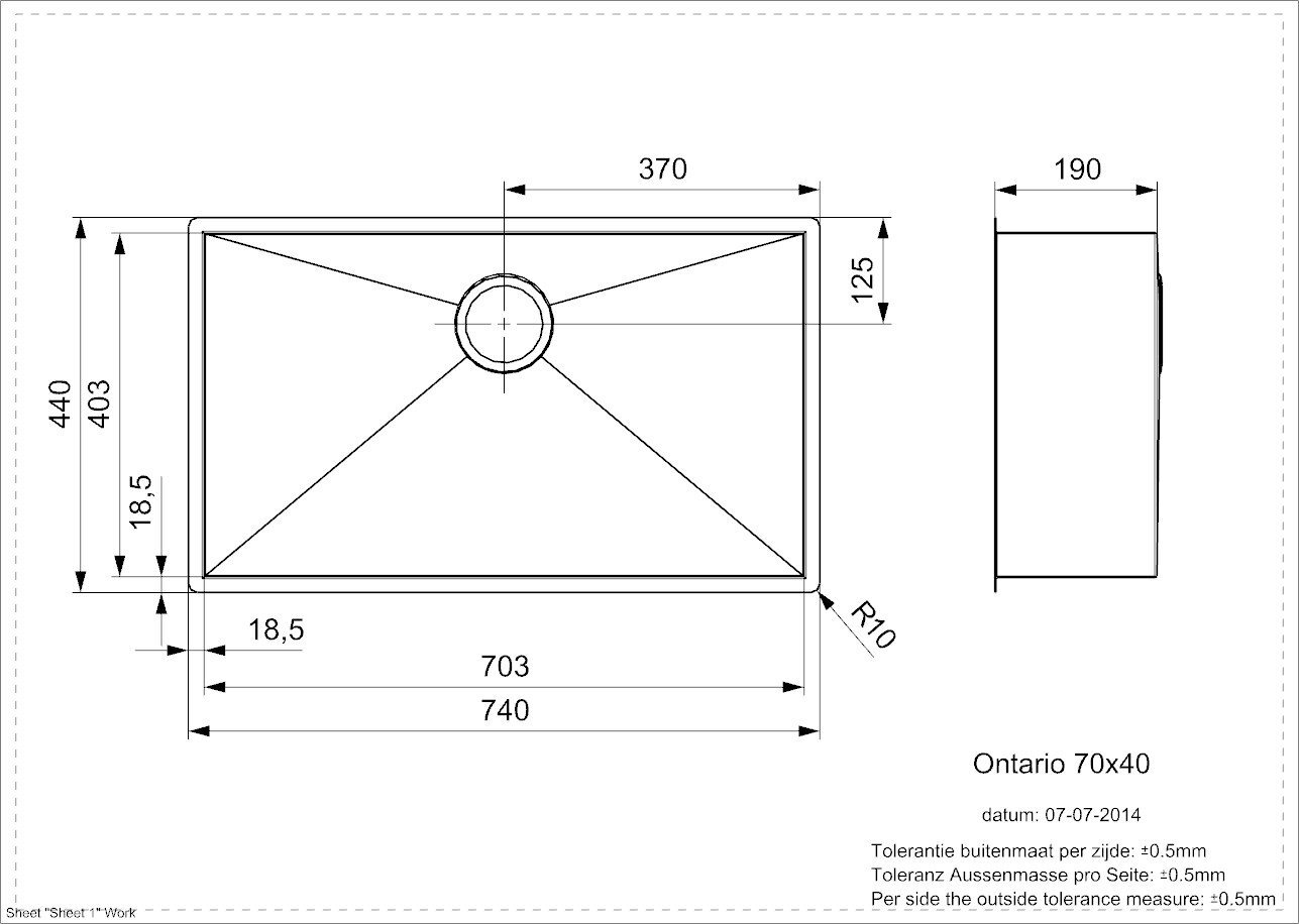 Reginox Ontario tiskiallas, ruostumatonta terästä, 740 mm x 440 mm hinta ja tiedot | Keittiöaltaat | hobbyhall.fi