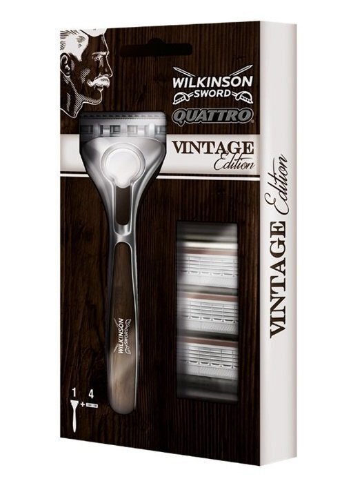 Setti miehille Wilkinson Sword Quattro Vintage: partakone 1 kpl + parranajoterät 4 kpl hinta ja tiedot | Parranajo ja karvanpoisto | hobbyhall.fi