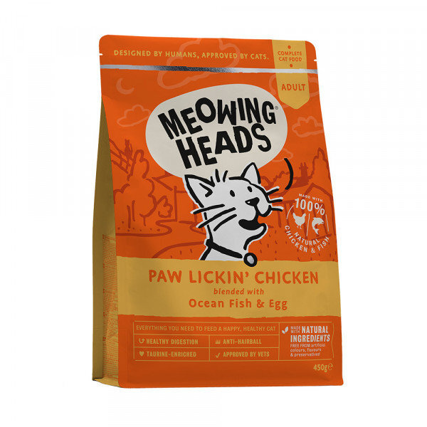 Meowing Heads Paw Lickin Chicken 450 g hinta ja tiedot | Kissan kuivaruoka | hobbyhall.fi