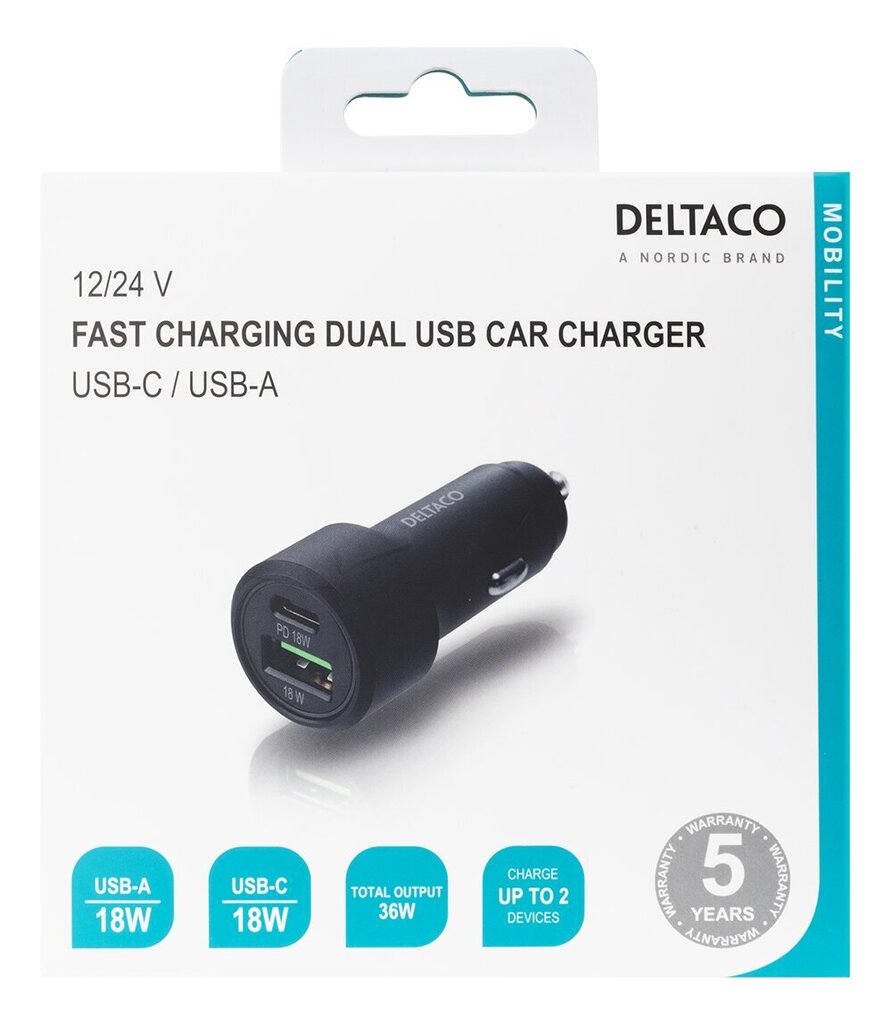 DELTACO USBC (CAR122), 1 x USB-C, 1 x USB-A, 1,5 A hinta ja tiedot | Puhelimen laturit | hobbyhall.fi