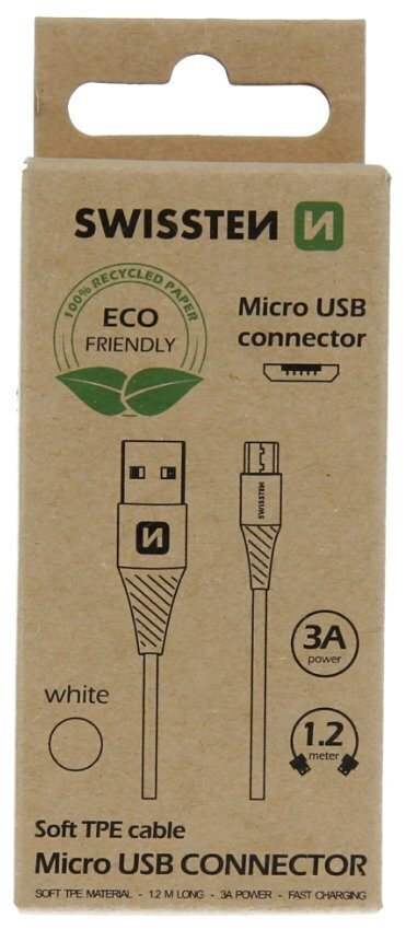 Swissten Eco Friendly 3A Micro USB, 1.2m valkoinen hinta ja tiedot | Puhelinkaapelit | hobbyhall.fi