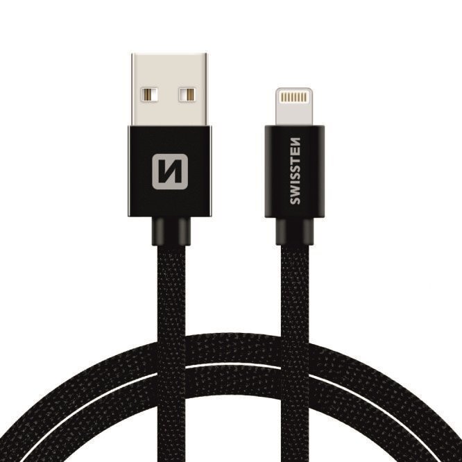 Swissten Textile Fast Charge 3A Lightning (MD818ZM/A) Data and Charging Cable 3m Black hinta ja tiedot | Kaapelit ja adapterit | hobbyhall.fi