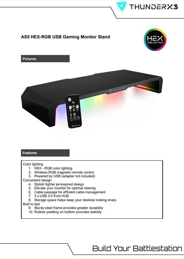 Monitoriteline ThunderX3 AS5 Hex RGB / 3 x USB 3.0 / IR-kaukosäädin / IR-kaukosäädin hinta ja tiedot | Kannettavien tietokoneiden lisätarvikkeet | hobbyhall.fi