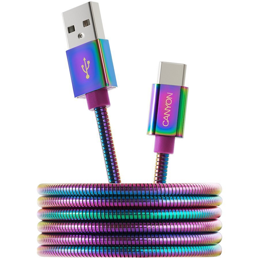 CANYON Type C USB 2.0 -standardikaapeli, lähtöteho 5V / 9V 2A, OD 3,8mm, metallikuori, kaapelin pituus 1,2m, Rainbow, 14 * 6 * 1000 mm, 0,04 kg hinta ja tiedot | Kaapelit ja adapterit | hobbyhall.fi