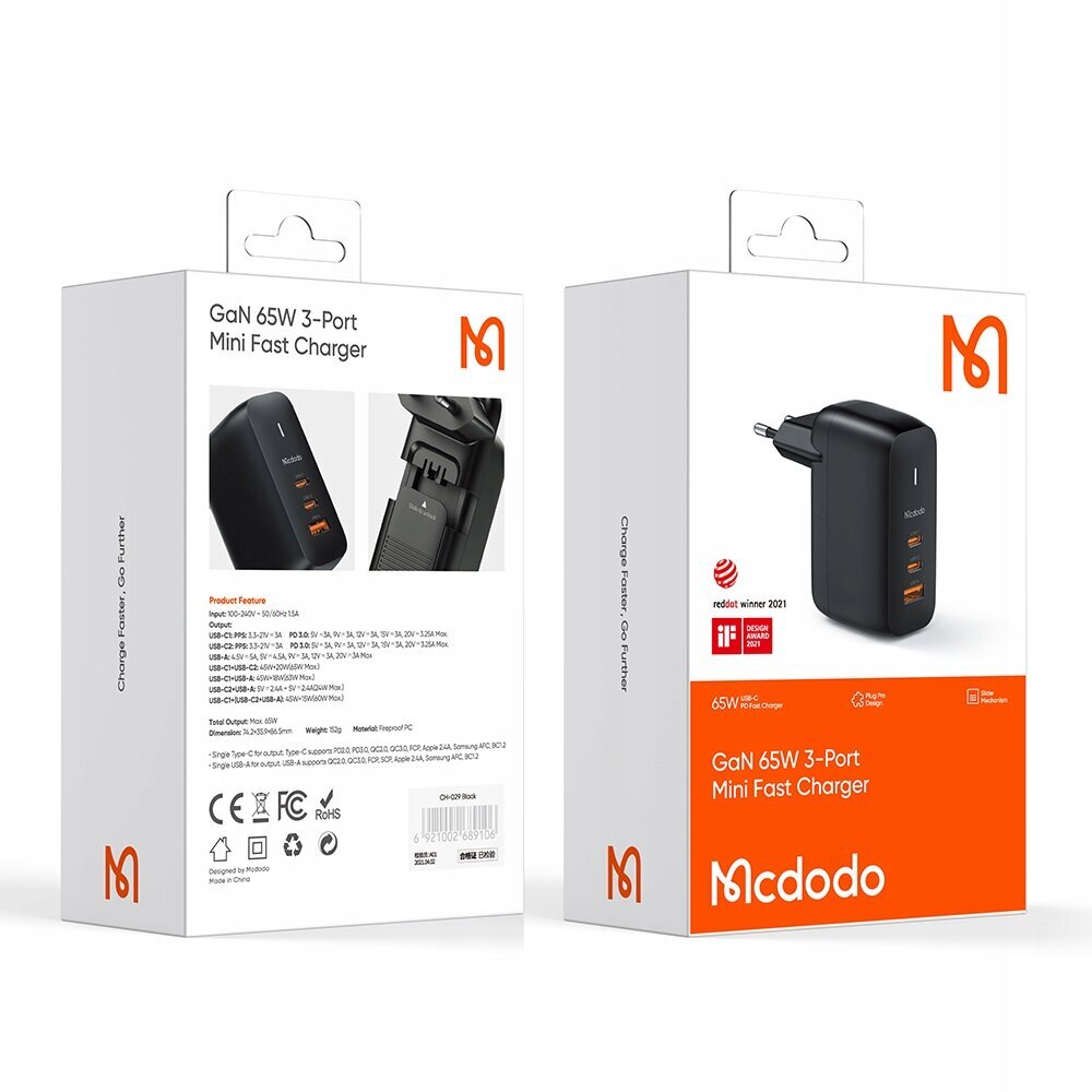 Kannettavan tietokoneen laturi, matkapuhelimen laturi, Mcdodo GaN 3.0 nopea lataus, USB-C PD USB-A 65W CH-0291 hinta ja tiedot | Auton akkulaturit | hobbyhall.fi