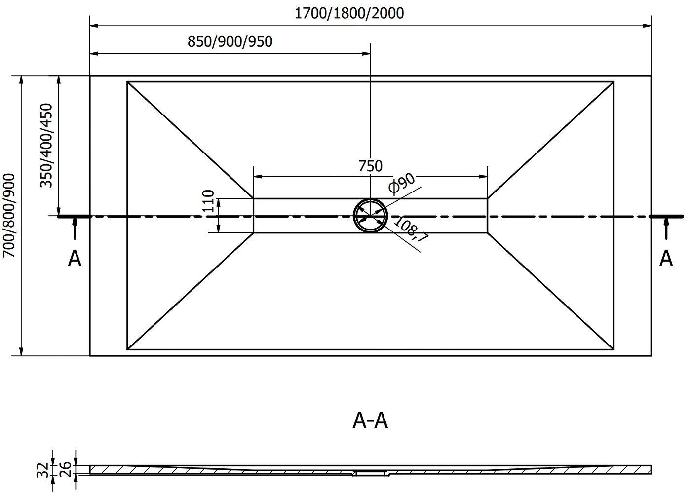 Suorakaiteen muotoinen suihkuallas Mexen Toro SMC -sifonilla, musta, 200x70,80,90 cm hinta ja tiedot | Suihkualtaat | hobbyhall.fi