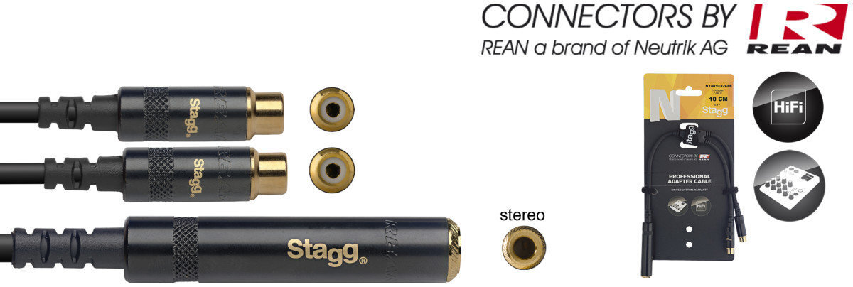 Stagg REAN 3,5 mm miniJack/f AUX TS - 2 x RCA/f 10 cm hinta ja tiedot | Kaapelit ja adapterit | hobbyhall.fi