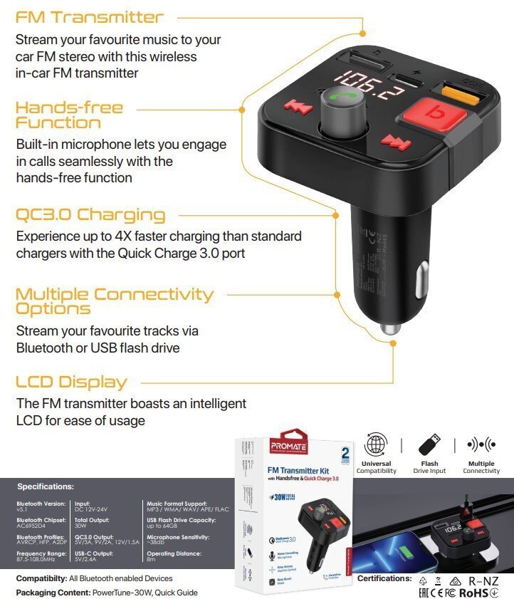 PROMATE PowerTune-30W Bluetooth FM Transmitter QC3.0 / PD30W / USB / Hands-free hinta ja tiedot | FM-lähettimet ja -sovittimet | hobbyhall.fi