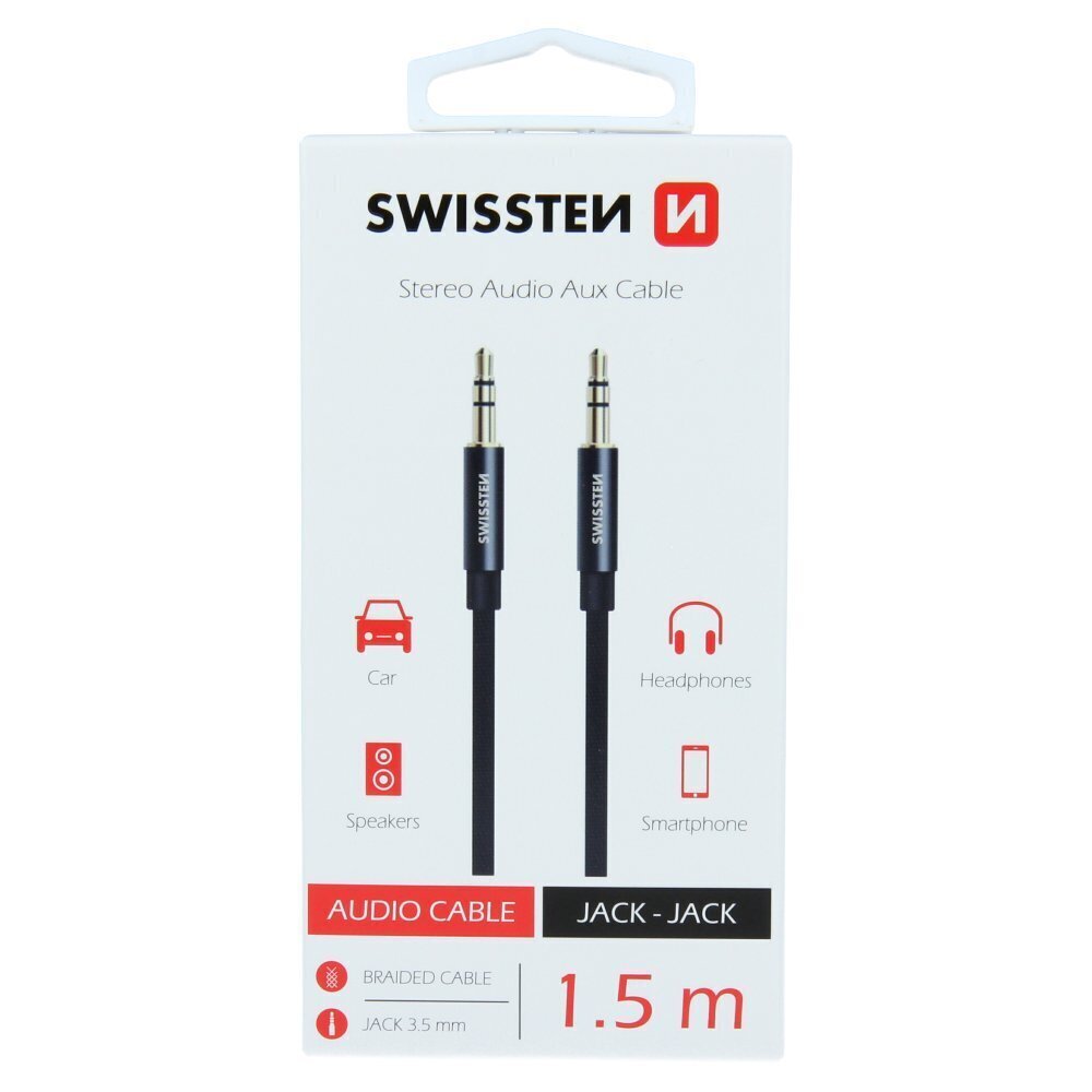 Swissten Textile Premium AUX-kaapeli 3,5 mm -> 3,5 mm 1,5 m musta. hinta ja tiedot | Kaapelit ja adapterit | hobbyhall.fi