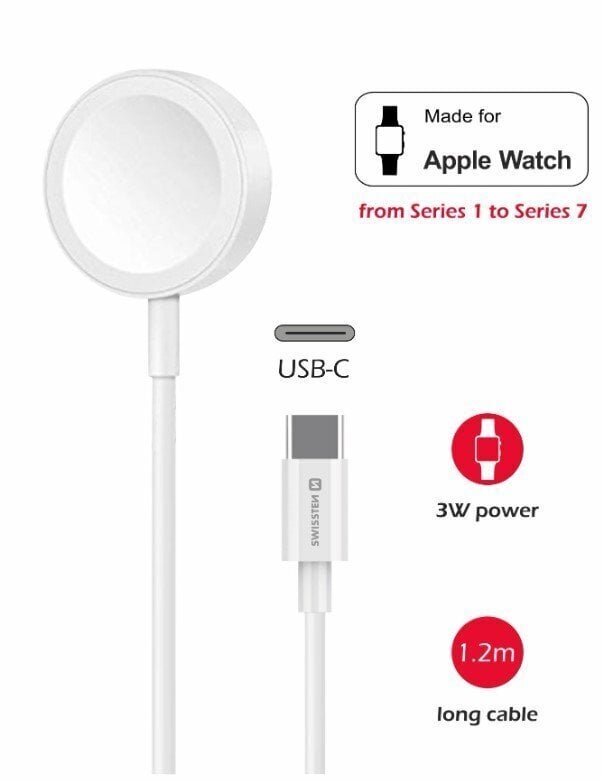 Swissten Wireless Charger Apple Watch USB-C, White hinta ja tiedot | Älykellojen ja aktiivisuusrannekkeiden lisätarvikkeet | hobbyhall.fi