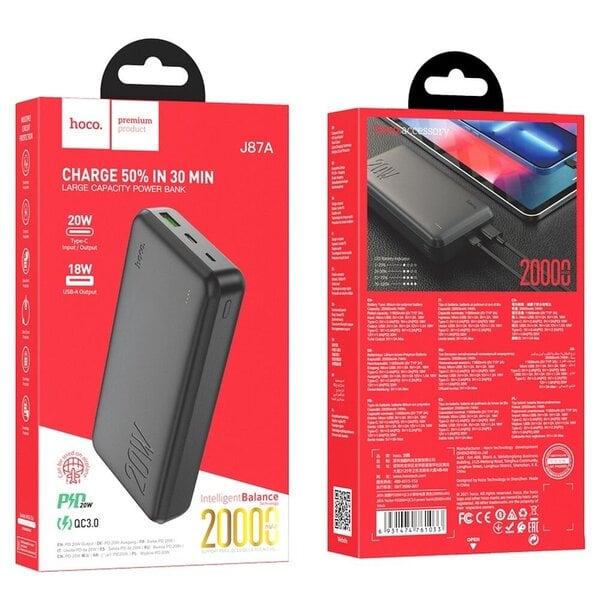 Ulkoinen akku varavirtalähde Power Bank Hoco J87A Type-C PD 20W+Quick Charge 3.0 20000mAh musta