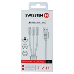 Swissten Textile 3in1 datakaapeli Lightning/USB-C/MircoUSB 1,2 m Hopea hinta ja tiedot | Kaapelit ja adapterit | hobbyhall.fi